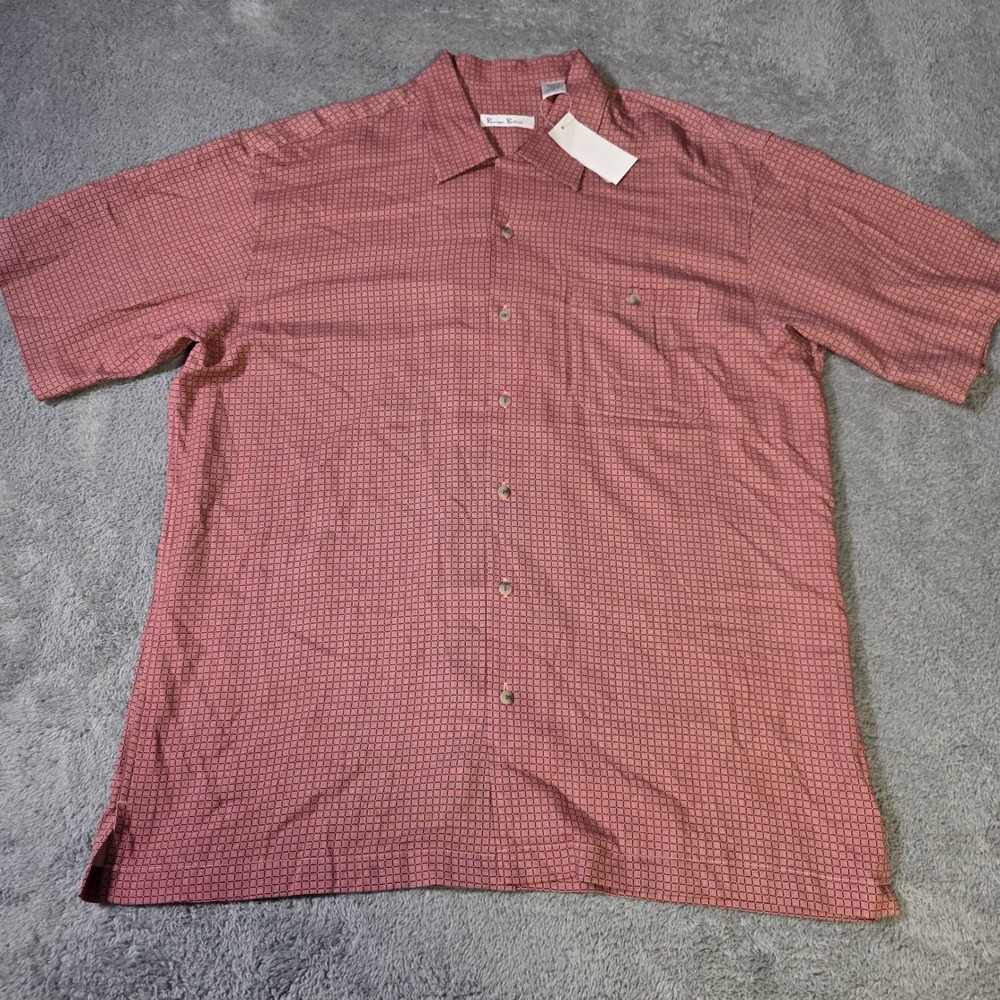Burma Bibas Mens L Button Up Shirt Red Silk Geometric Short Sleeve Pocket